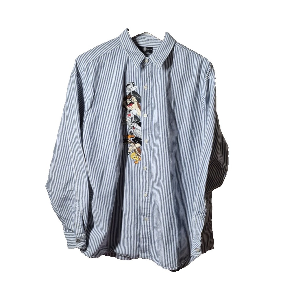 Warner Brothers Looney Tunes Shirt Mens XL‎ Blue/White Stripe   Embroidered Vtg
